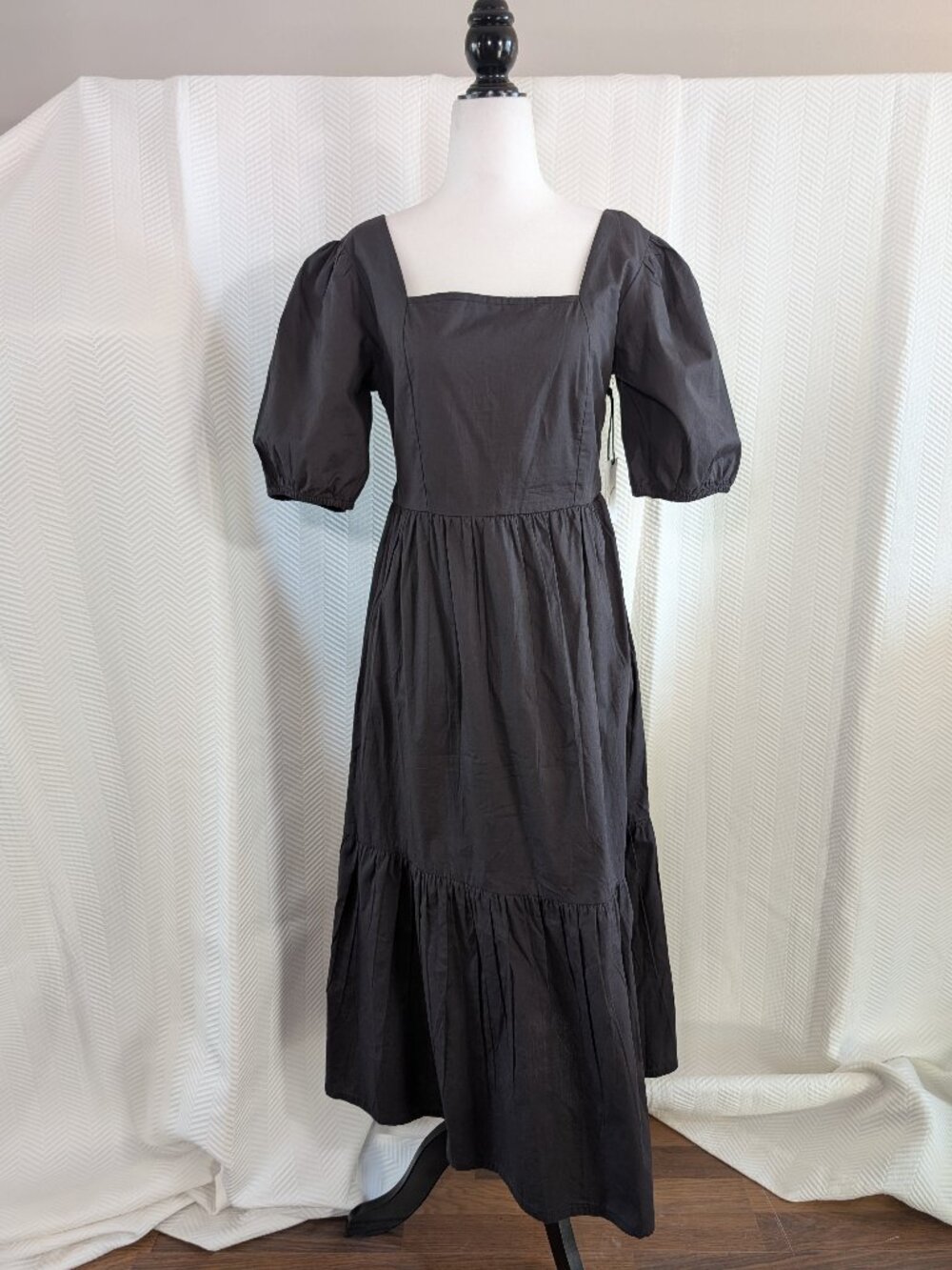 Japna Black Midi Dress Puff Sleeve Smock Cotton Medium Cottagecore Feminine NWT